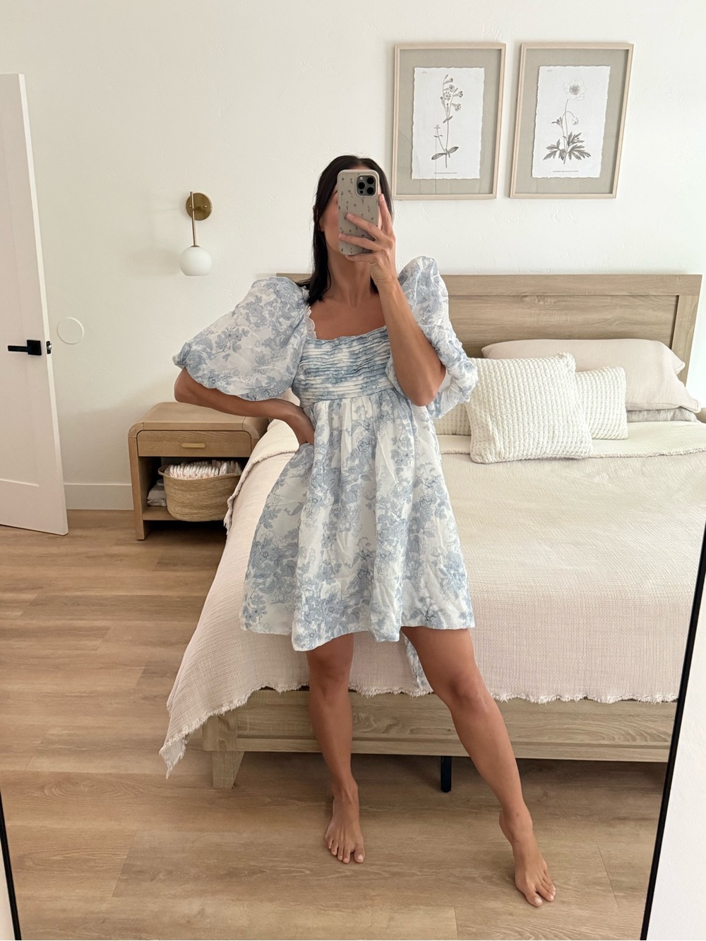 Puff Sleeve Smocked Mini Dress in Light Blue Floral